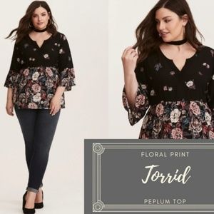 Torrid Peplum Top 3/4 Sleeve Boho Crochet Detail